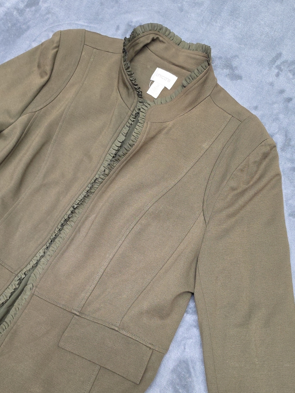 Chico's Olive Green Ruffle-Trim Blazer Sz 3(XL)